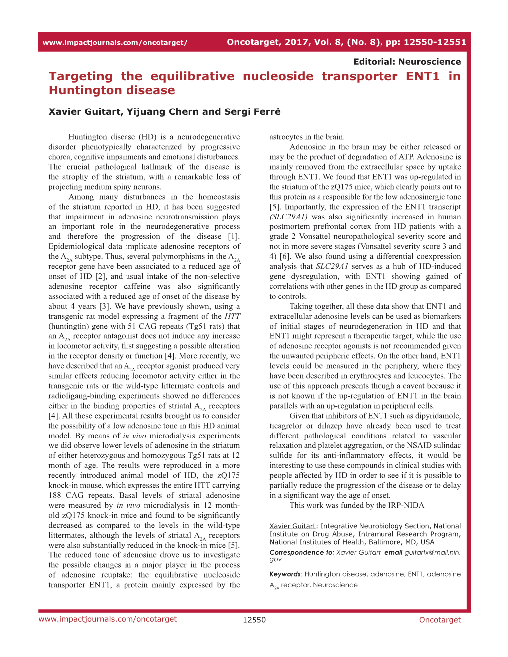 Targeting the Equilibrative Nucleoside Transporter ENT1 in Huntington Disease