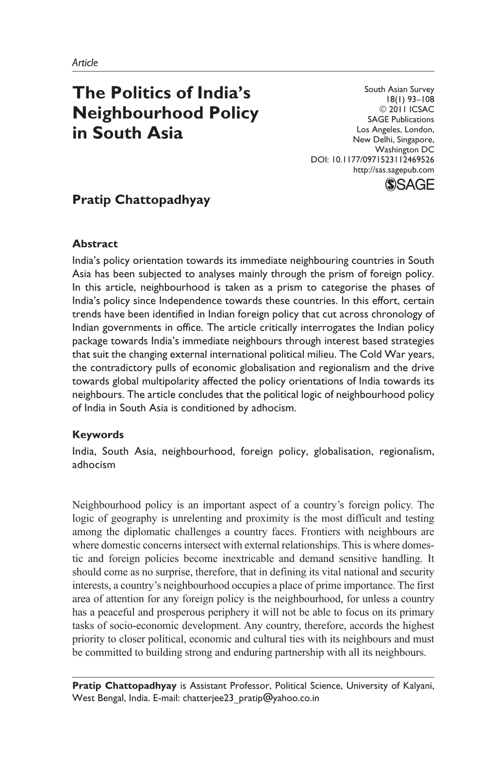 The Politics of India's Neighbourhood Policy in South Asia