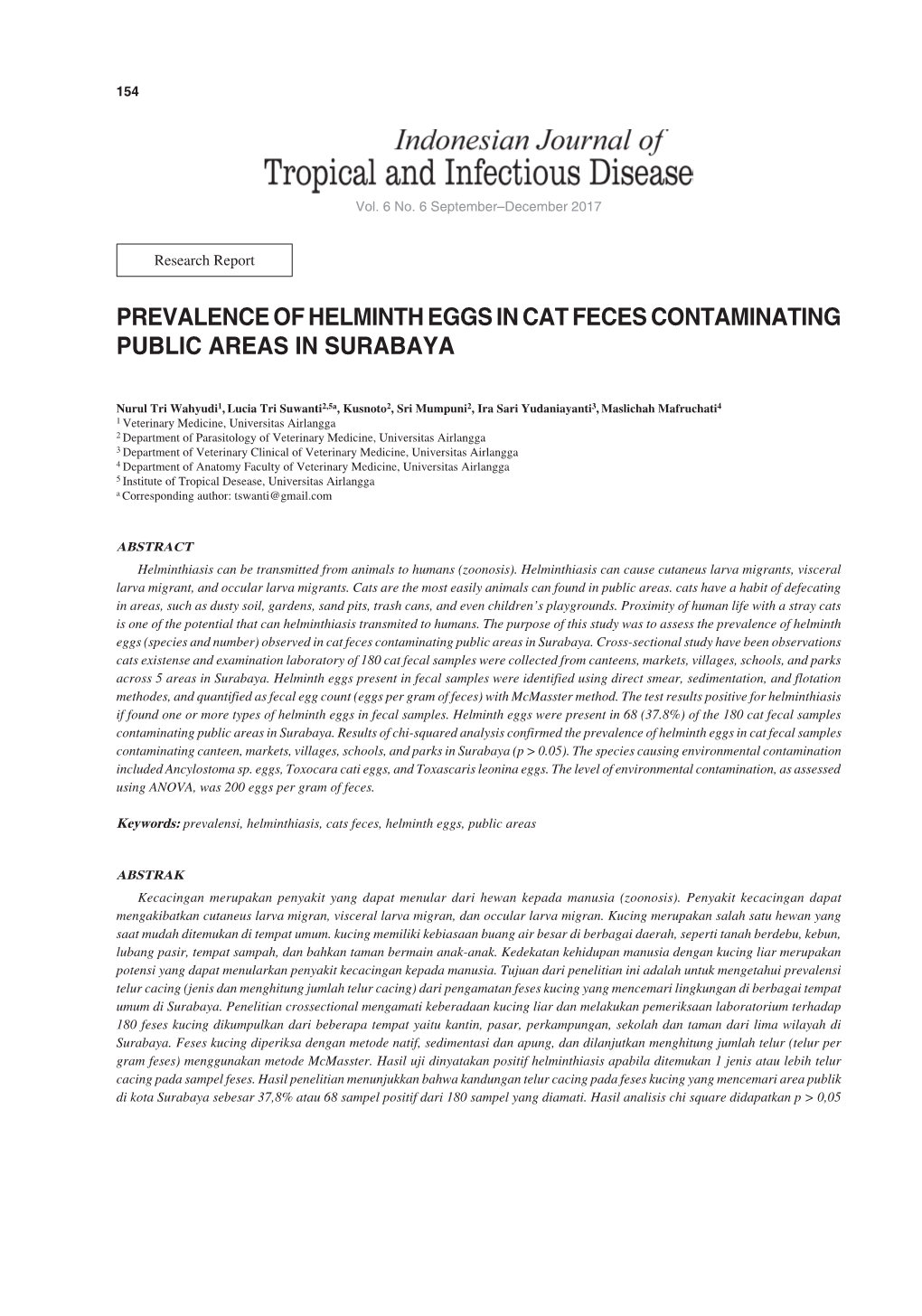 Prevalence of Helminth Eggs in Cat Feces Contaminating Public Areas in Surabaya