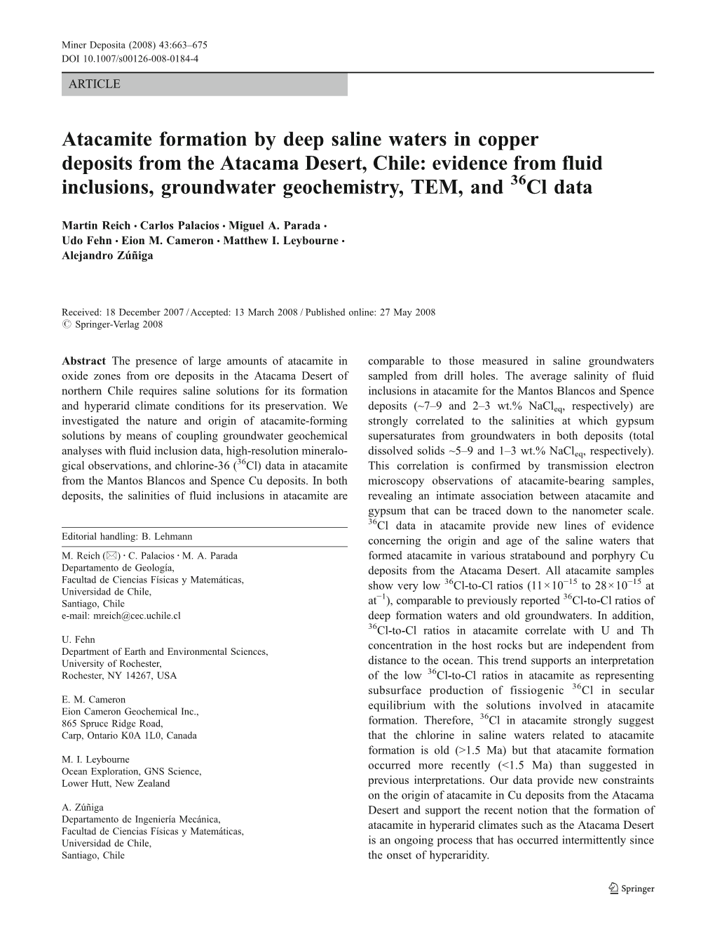 Atacamite Formation by Deep Saline Waters in Copper Deposits from the Atacama Desert, Chile: Evidence from Fluid Inclusions