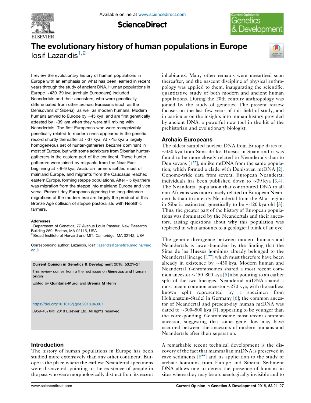 The Evolutionary History of Human Populations in Europe 1,2