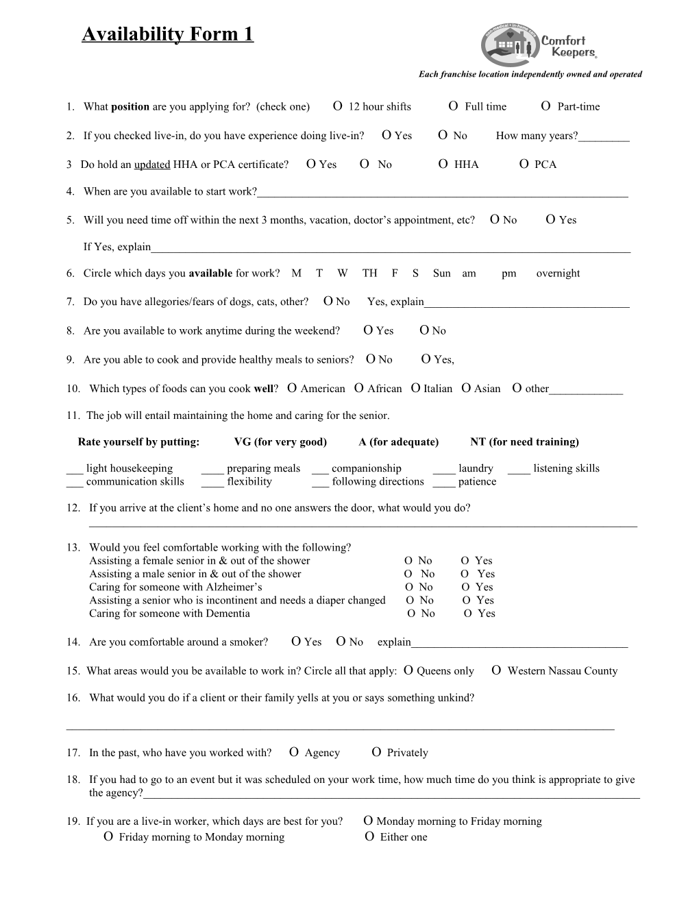 CK Availability Form