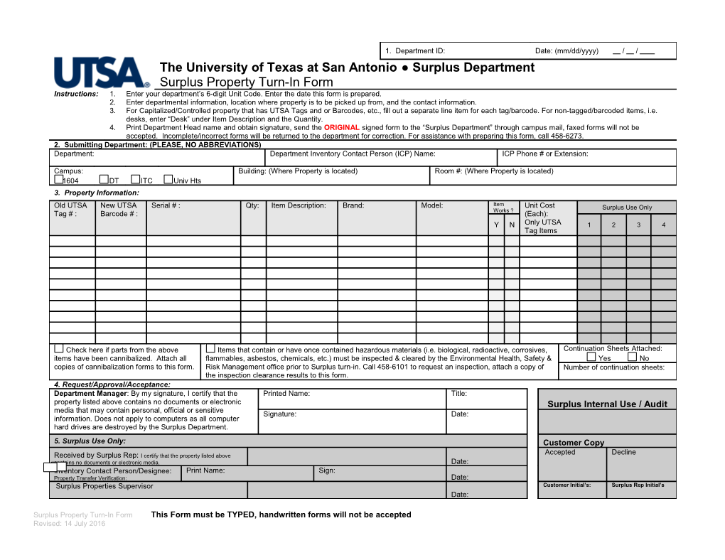 UTSA Surplus Property Turn-In Form