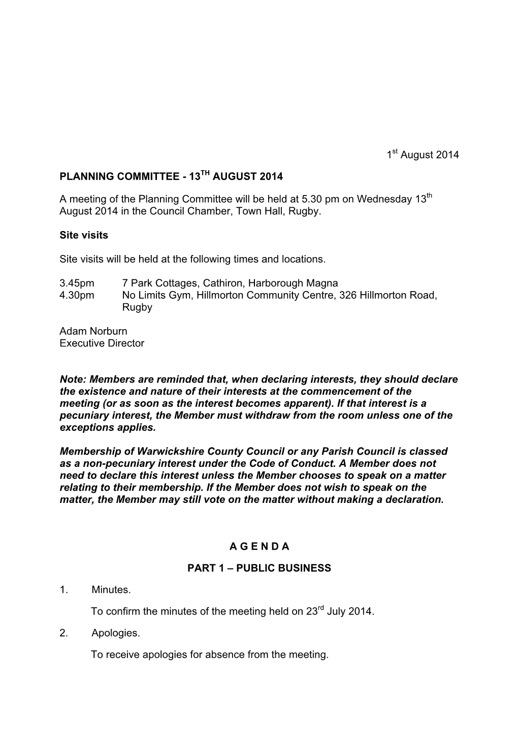 Planning Committee Agenda 13 August 2014