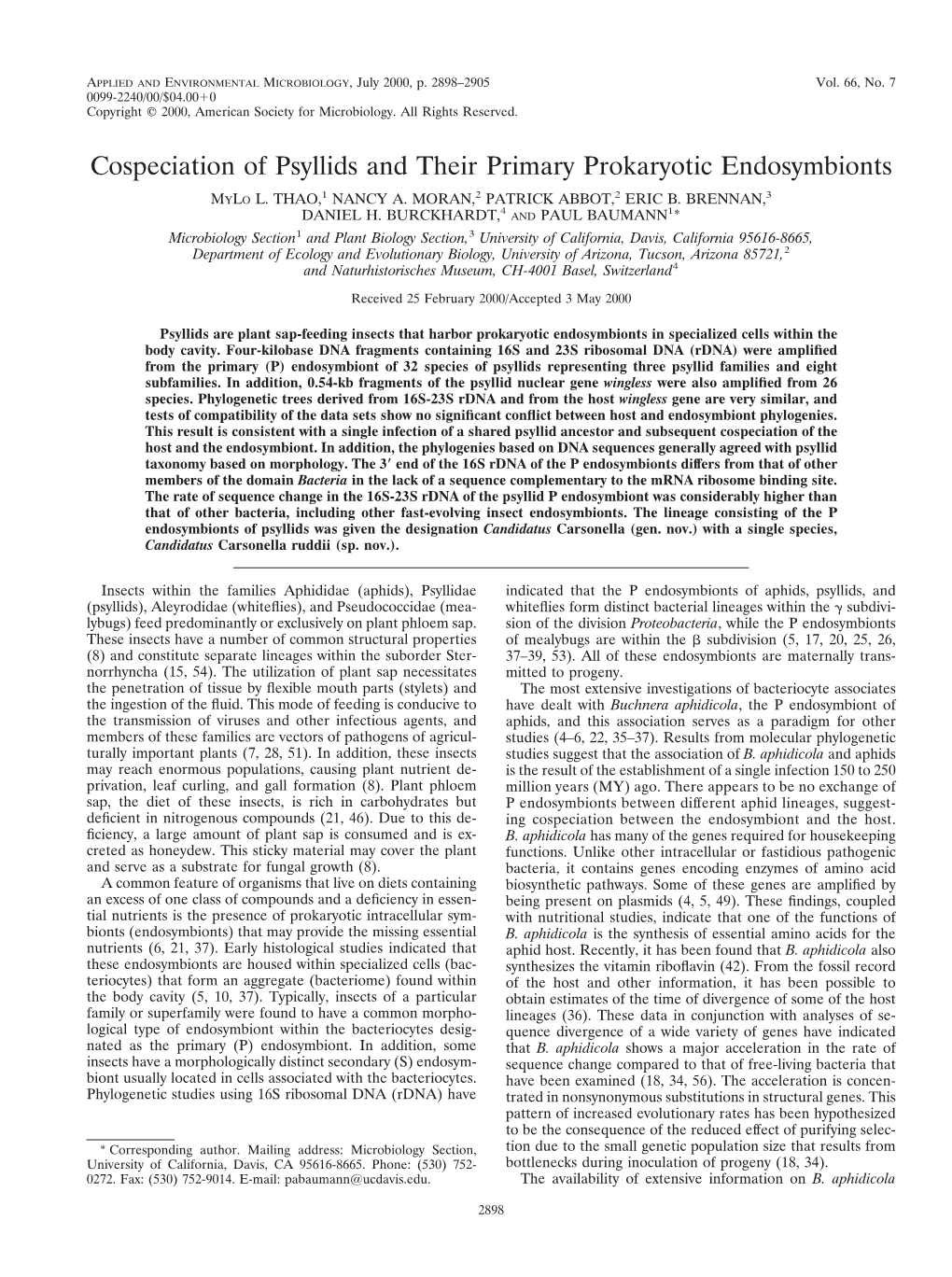 Cospeciation of Psyllids and Their Primary Prokaryotic Endosymbionts