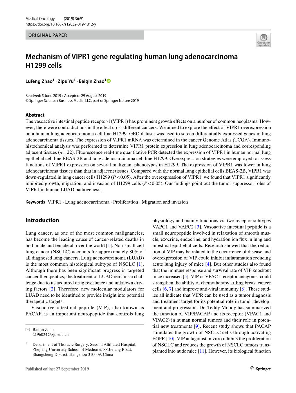 Mechanism of VIPR1 Gene Regulating Human Lung Adenocarcinoma H1299 Cells