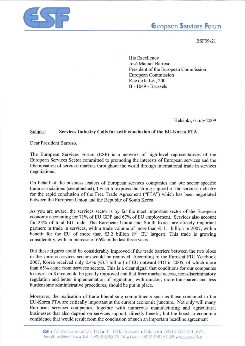 ESF Chairman Letter to European