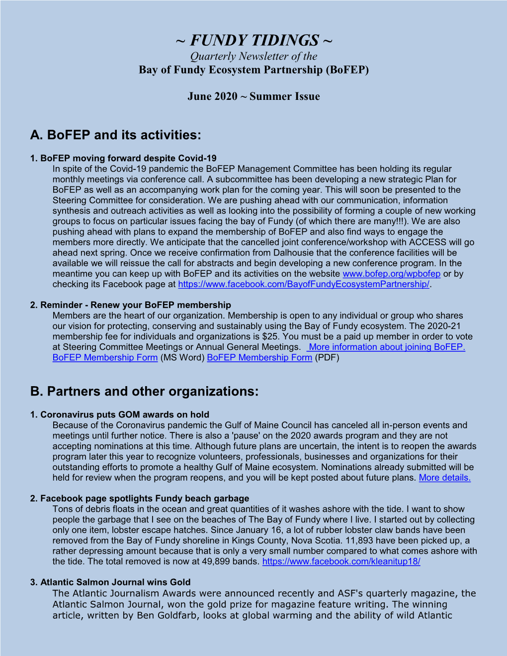 FUNDY TIDINGS ~ Quarterly Newsletter of the Bay of Fundy Ecosystem Partnership (Bofep)