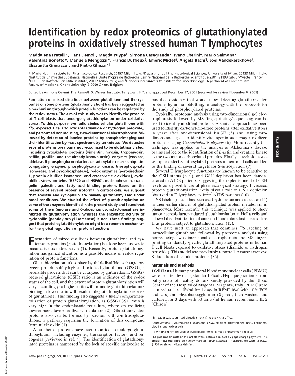 Identification by Redox Proteomics of Glutathionylated Proteins in Oxidatively Stressed Human T Lymphocytes