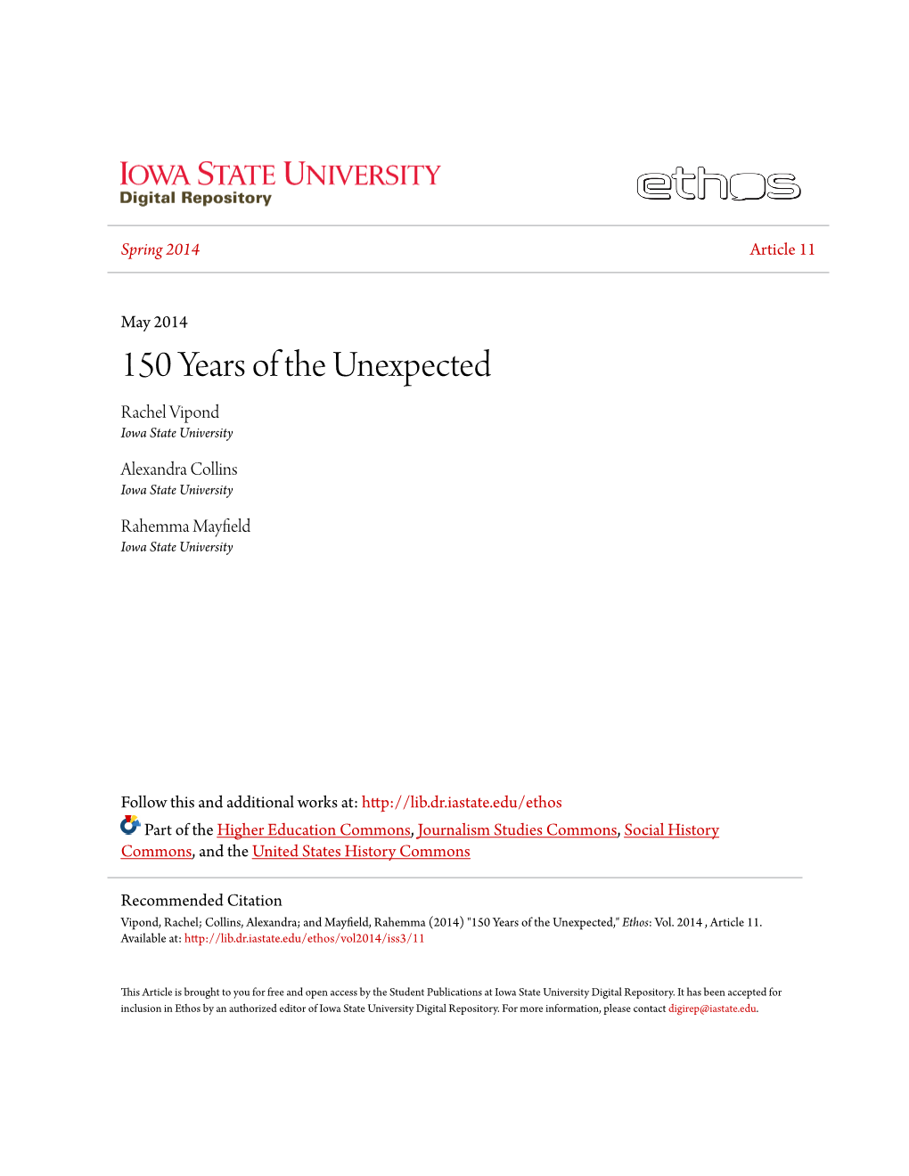 150 Years of the Unexpected Rachel Vipond Iowa State University