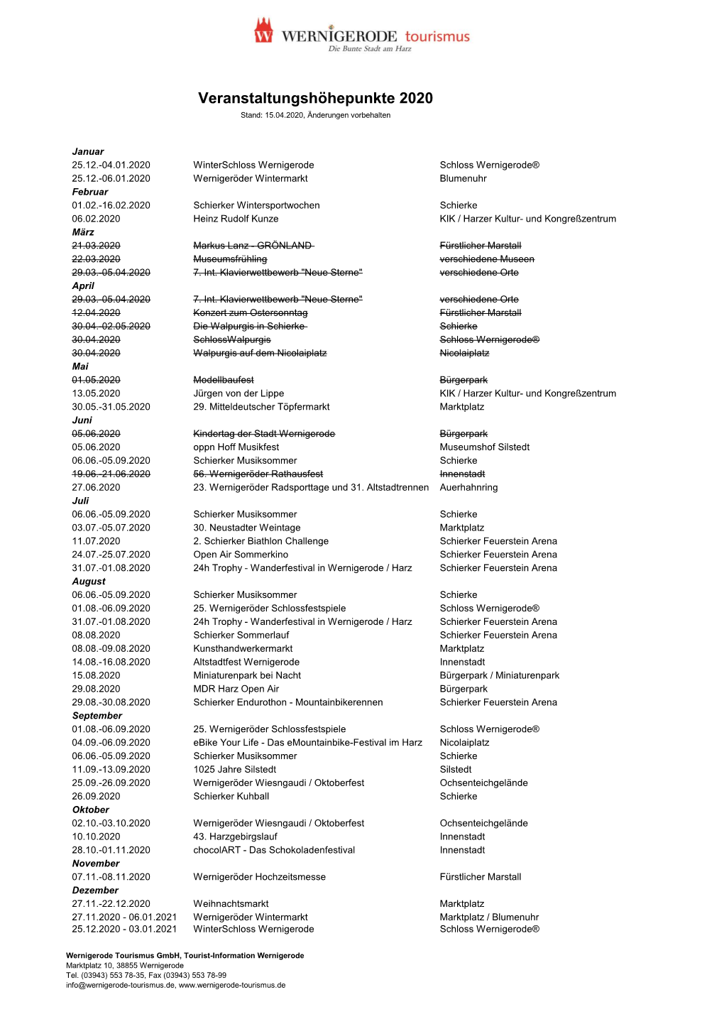 Veranstaltungshöhepunkte 2020 Stand: 15.04.2020, Änderungen Vorbehalten