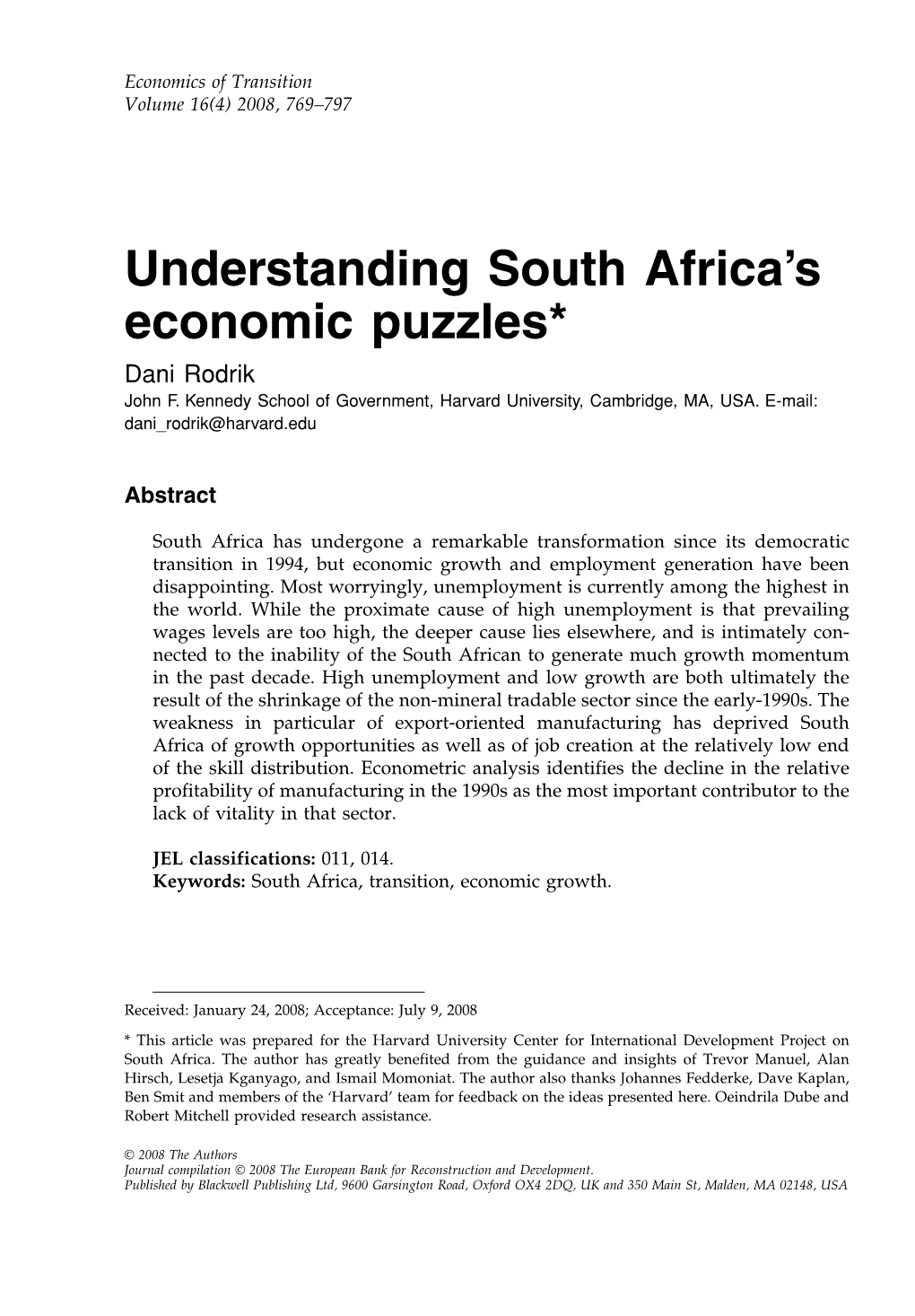 Understanding South Africa's Economic Puzzles*