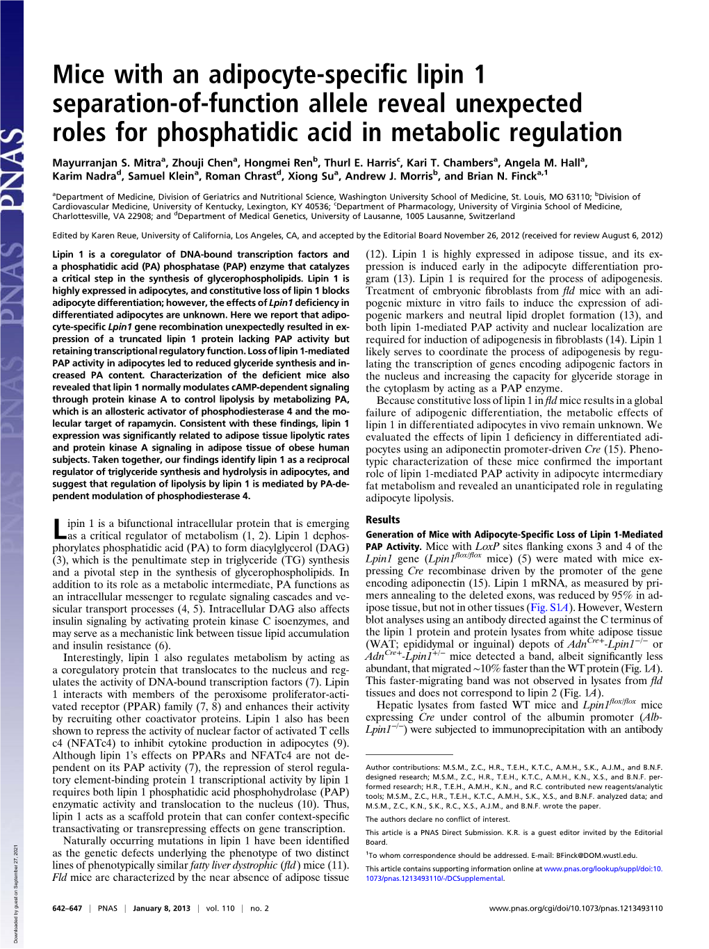 Mice with an Adipocyte-Specific Lipin 1 Separation-Of-Function Allele Reveal