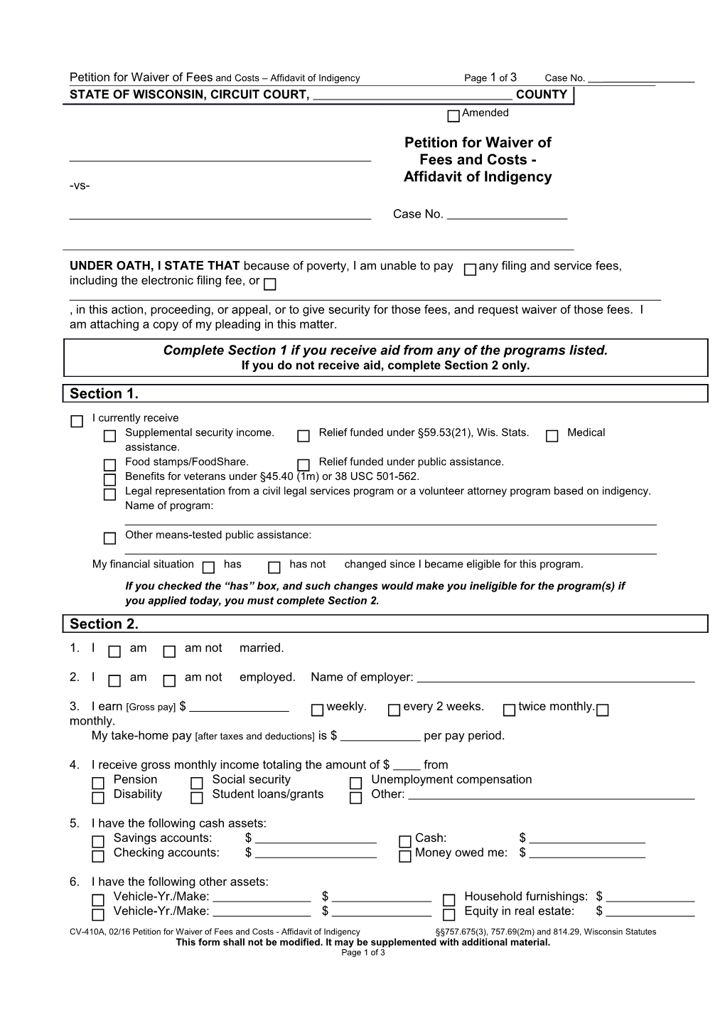 CV-410A: Petition for Waiver of Fees and Costs - Affidavit of Indigency