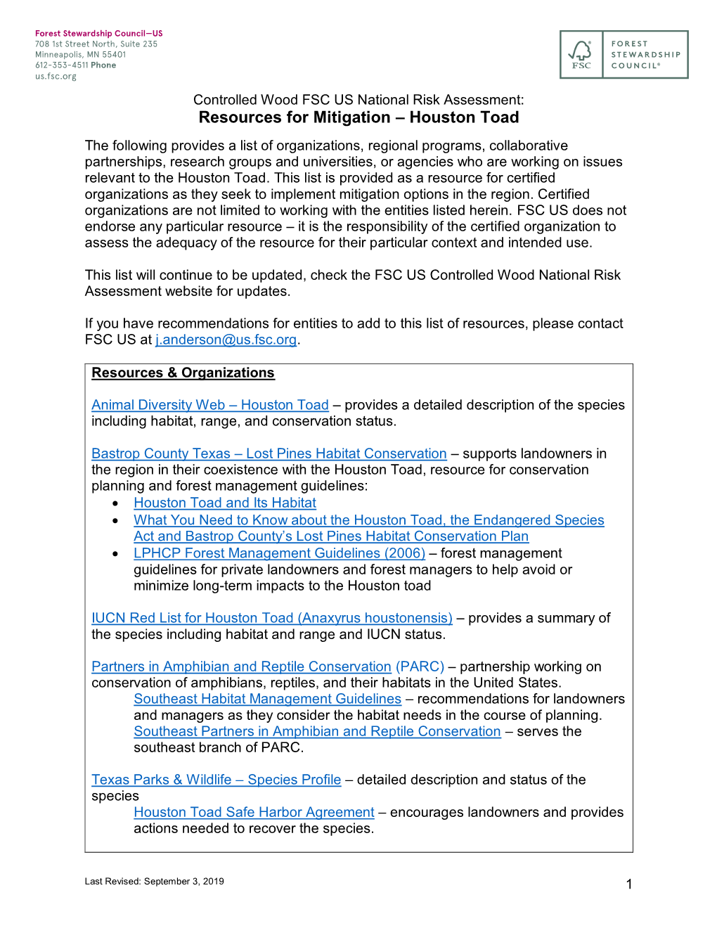 Resources for Mitigation – Houston Toad