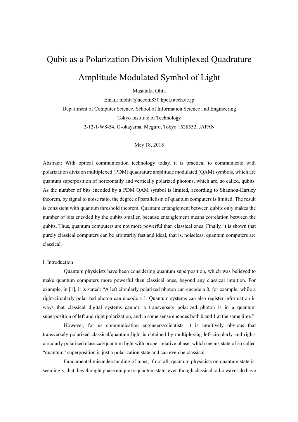 Qubit As a Polarization Division Multiplexed Quadrature Amplitude Modulated Symbol of Light