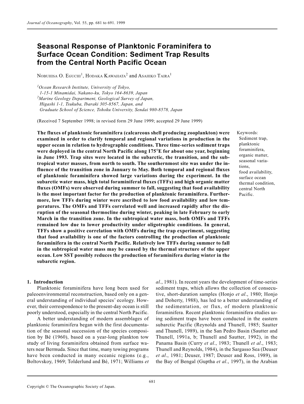 Sediment Trap Results from the Central North Pacific Ocean