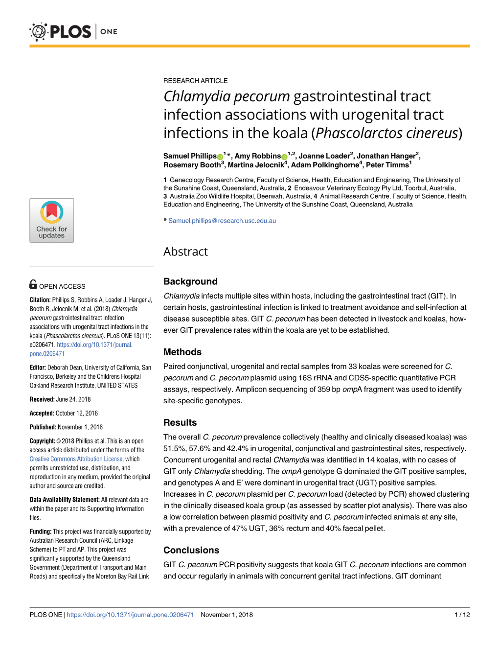 Chlamydia Pecorum Gastrointestinal Tract Infection Associations with Urogenital Tract Infections in the Koala (Phascolarctos Cinereus)