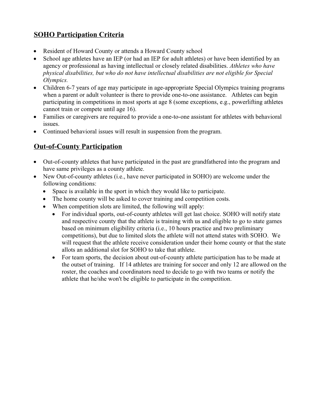 SOHC Participation Criteria