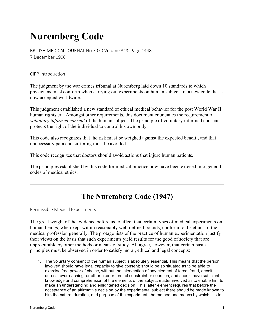 The Nuremberg Code-British Medical Journal No 7070 Volume 313 Page