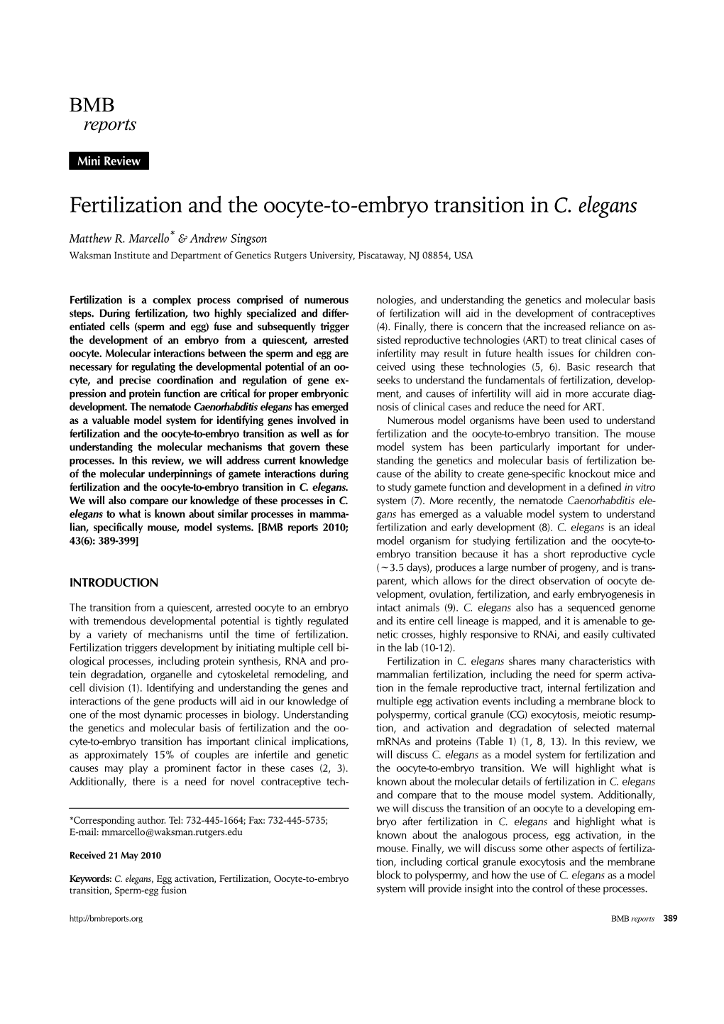 Fertilization and the Oocyte-To-Embryo Transition in C. Elegans