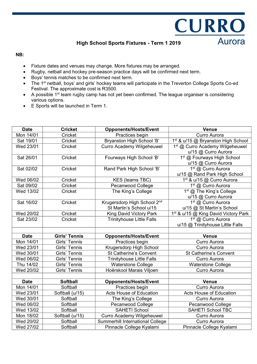 High School Sports Fixtures - Term 1 2019