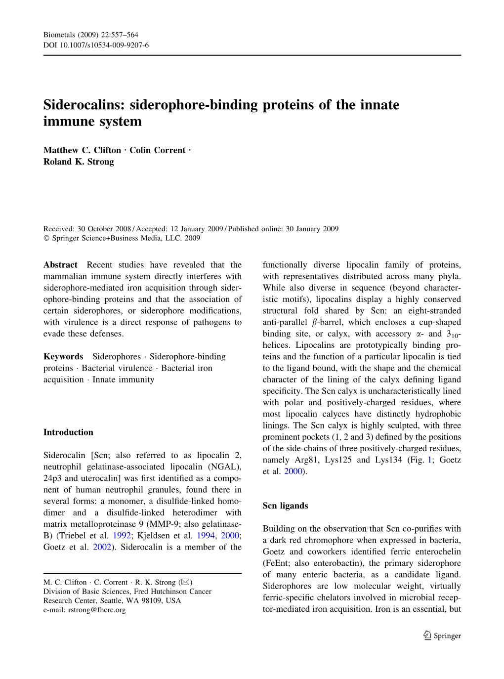 Siderocalins: Siderophore-Binding Proteins of the Innate Immune System