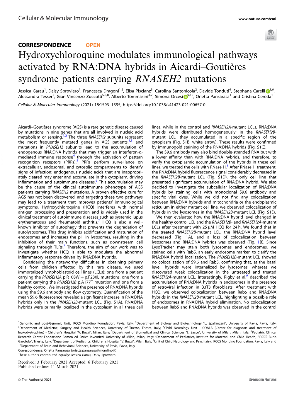 Hydroxychloroquine Modulates Immunological Pathways Activated by RNA:DNA Hybrids in Aicardi–Goutières Syndrome Patients Carrying RNASEH2 Mutations