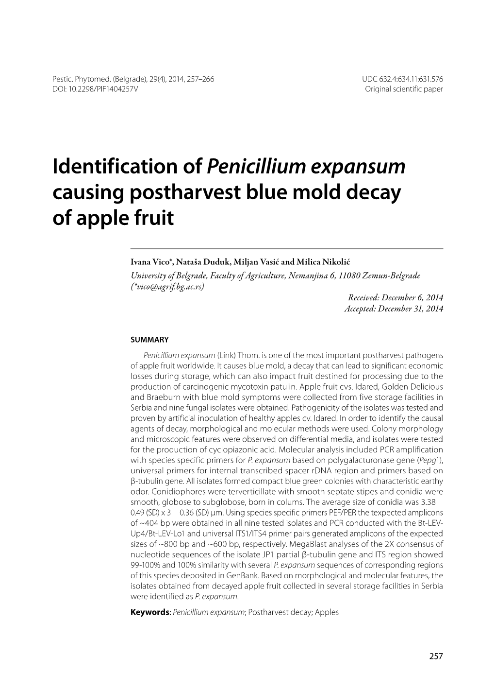 Penicillium Expansum Causing Postharvest Blue Mold Decay of Apple Fruit