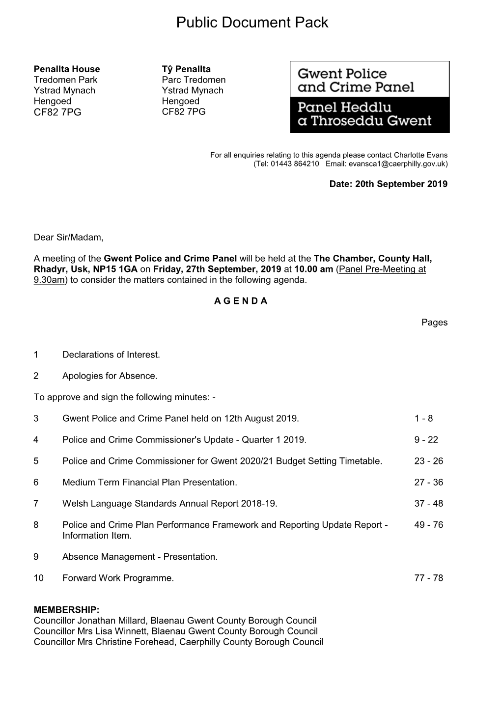 Agenda Document for Gwent Police and Crime Panel, 27/09/2019 10:00