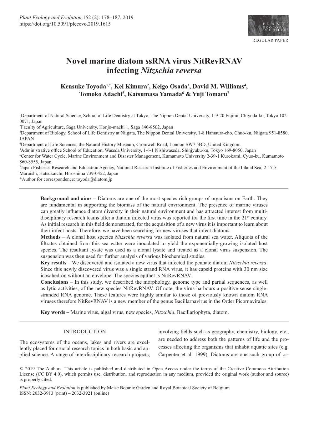 Novel Marine Diatom Ssrna Virus Nitrevrnav Infecting Nitzschia Reversa