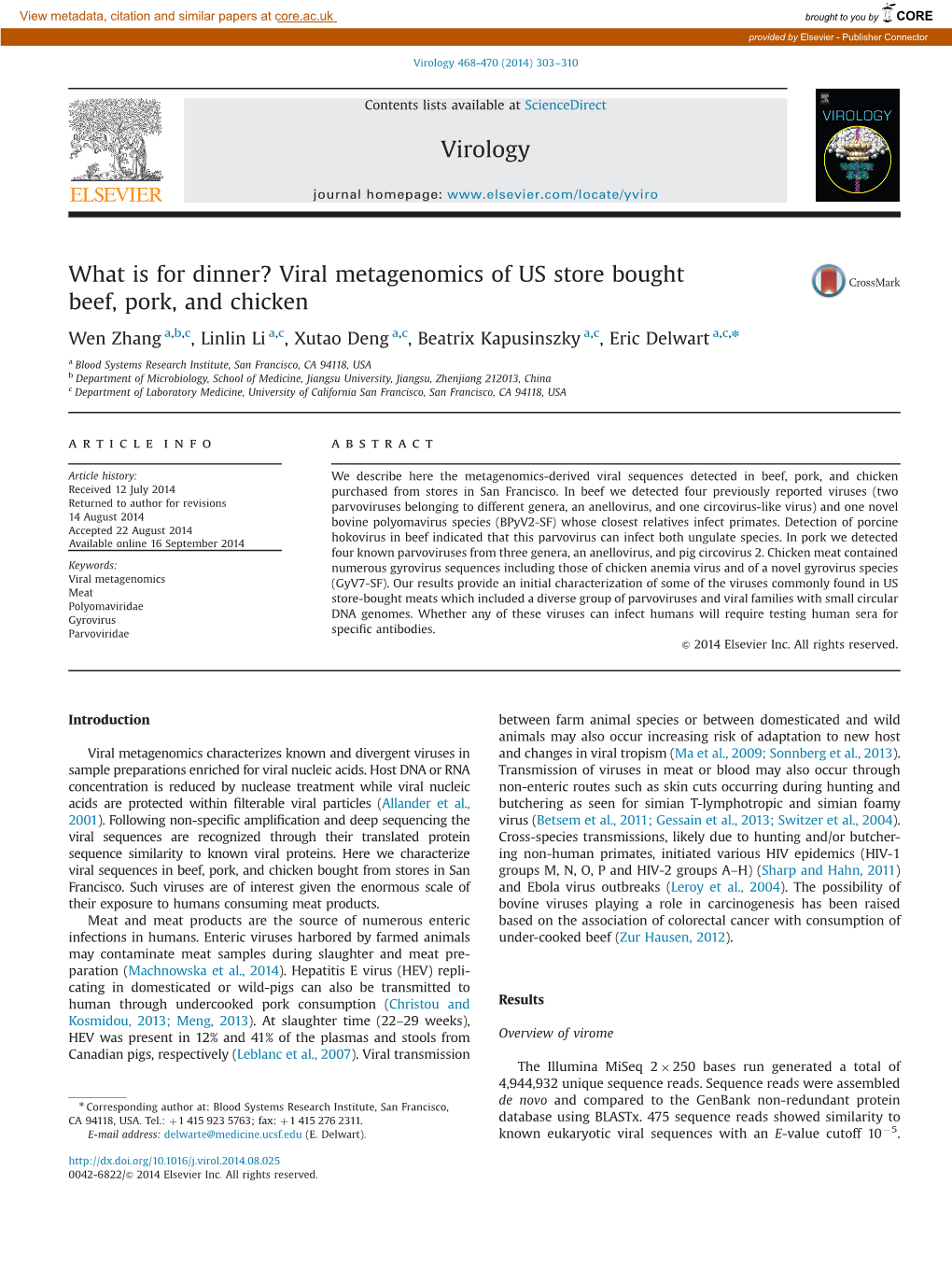 Viral Metagenomics of US Store Bought Beef, Pork, and Chicken