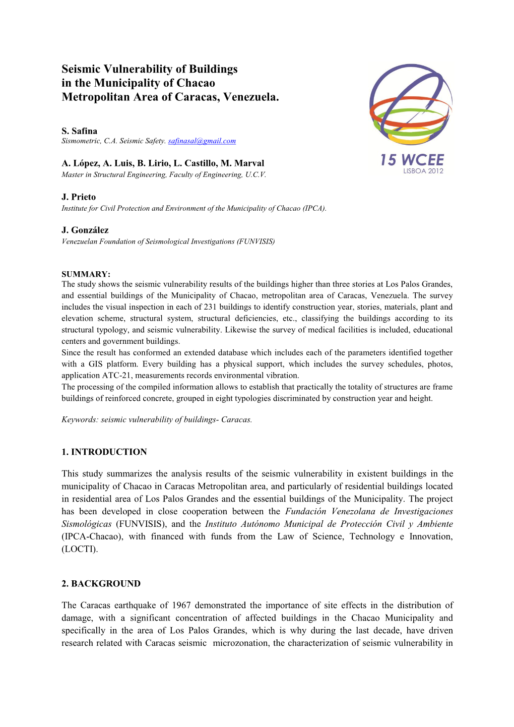 Seismic Vulnerability of Buildings in the Municipality of Chacao Metropolitan Area of Caracas, Venezuela