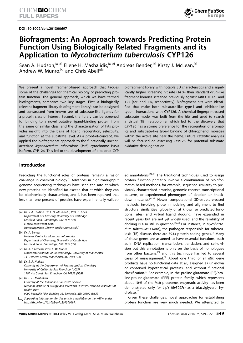 Biofragments: an Approach Towards Predicting Protein Function Using Biologically Related Fragments and Its Application to Mycobacterium Tuberculosis CYP126 Sean A
