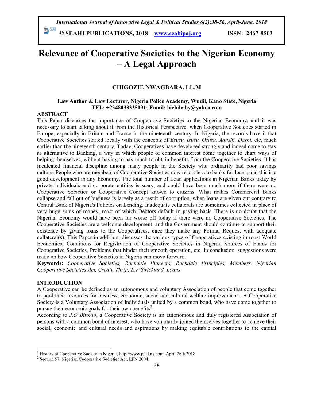 Relevance of Cooperative Societies to the Nigerian Economy – a Legal Approach