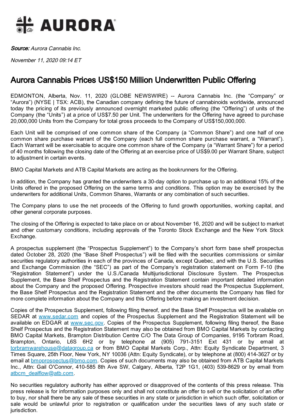 Aurora Cannabis Prices US$150 Million Underwritten Public Offering