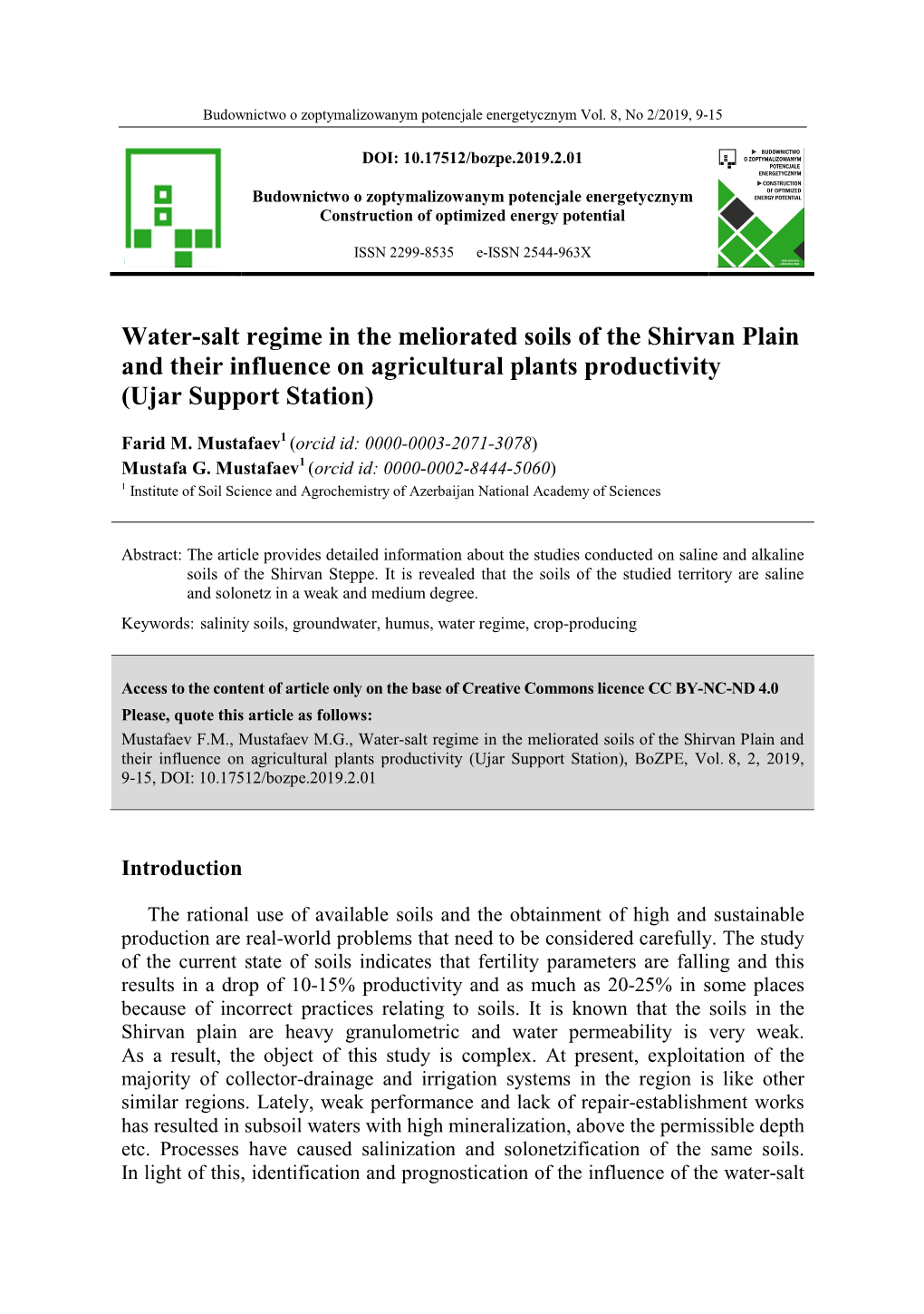 Water-Salt Regime in the Meliorated Soils of the Shirvan Plain and Their Influence on Agricultural Plants Productivity (Ujar Support Station)