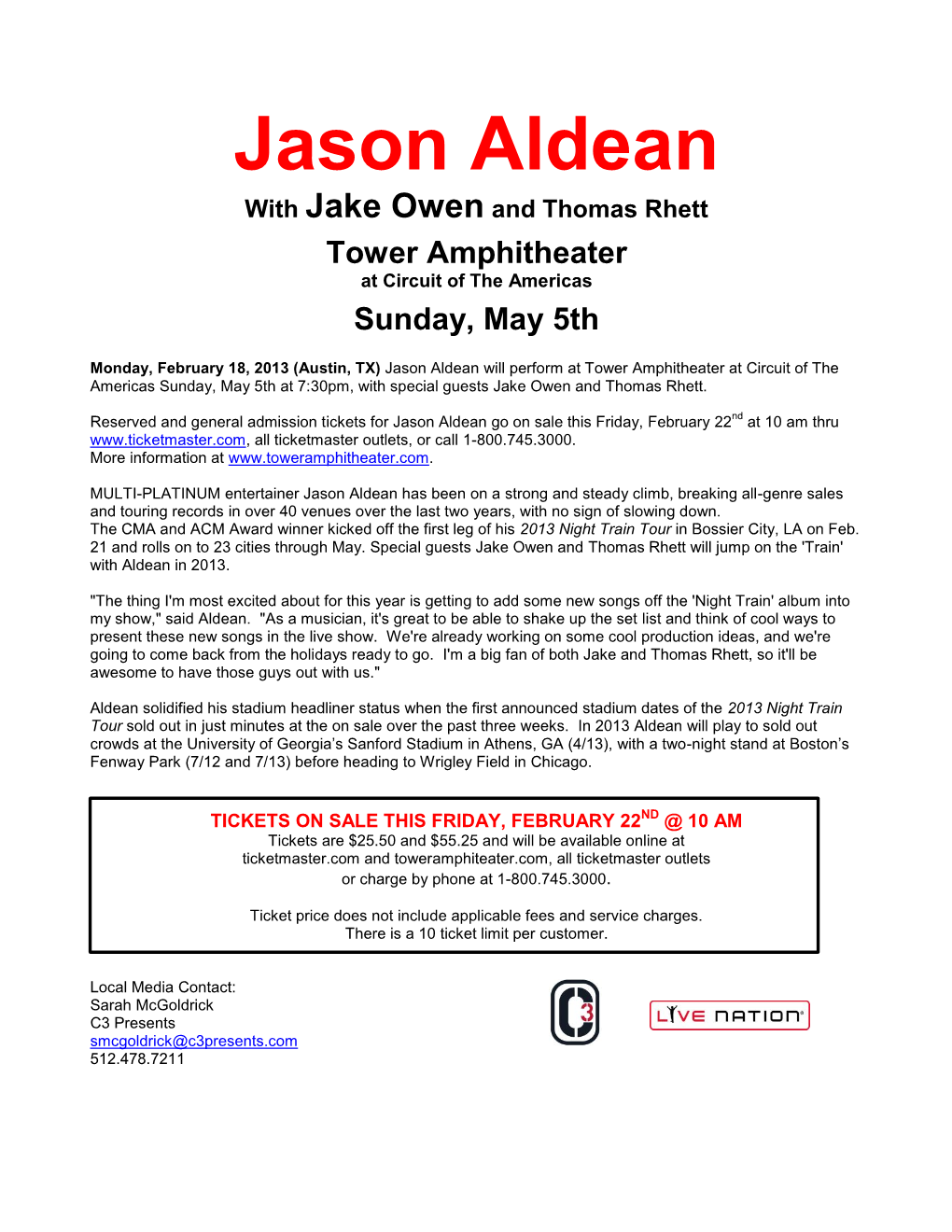 Jason Aldean with Jake Owen and Thomas Rhett Tower Amphitheater at Circuit of the Americas Sunday, May 5Th