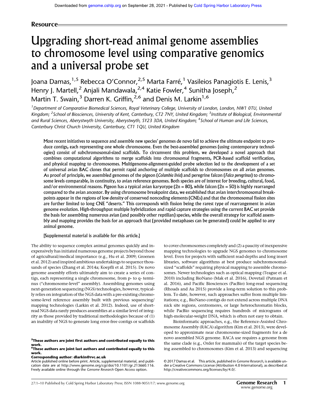 Upgrading Short-Read Animal Genome Assemblies to Chromosome Level Using Comparative Genomics and a Universal Probe Set