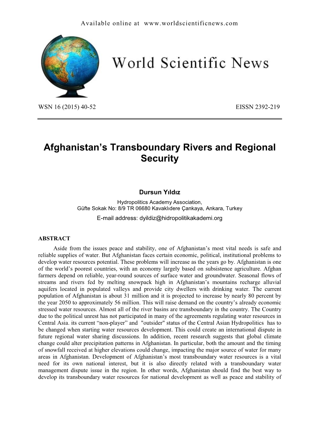 Afghanistan's Transboundary Rivers and Regional Security