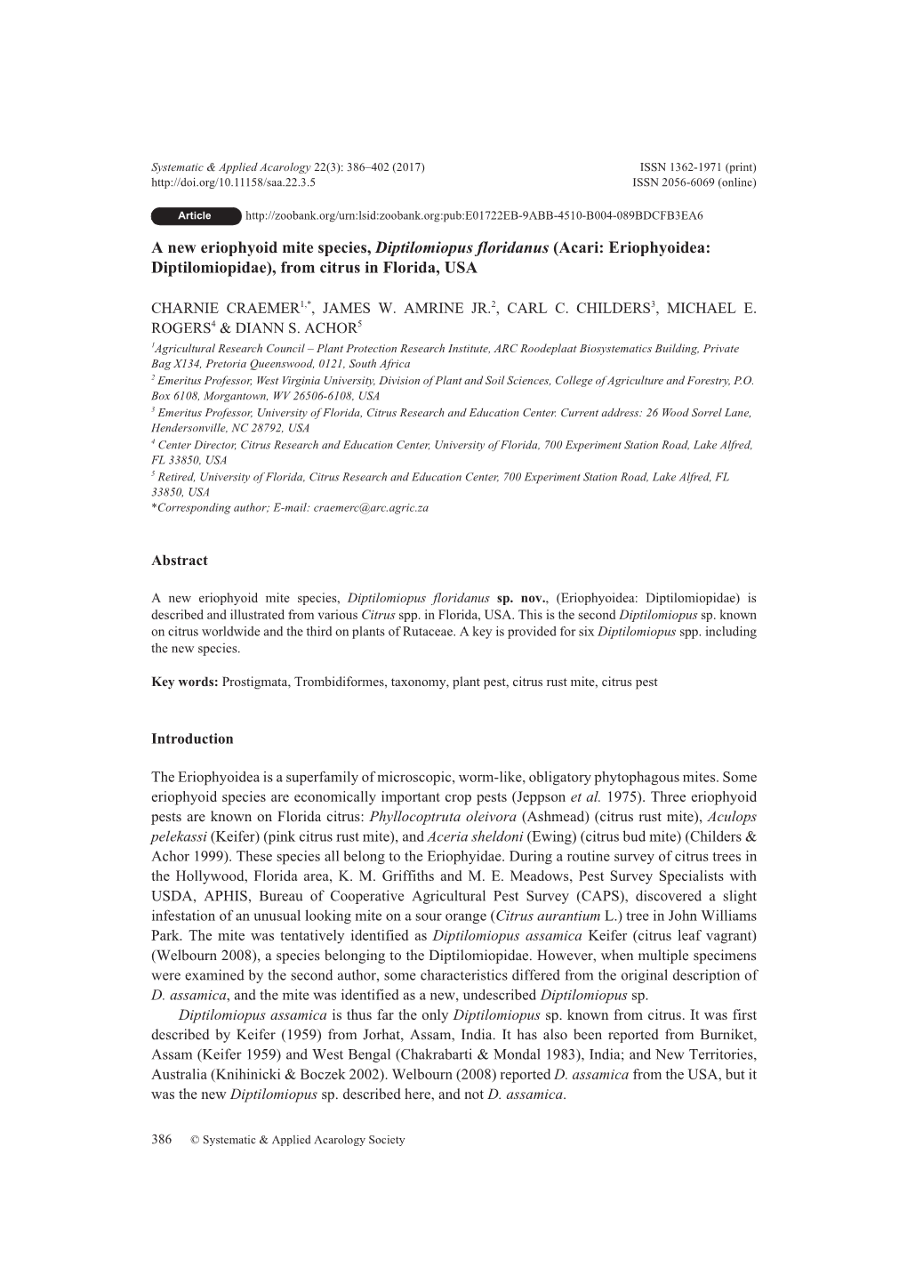 A New Eriophyoid Mite Species, Diptilomiopus Floridanus (Acari: Eriophyoidea: Diptilomiopidae), from Citrus in Florida, USA