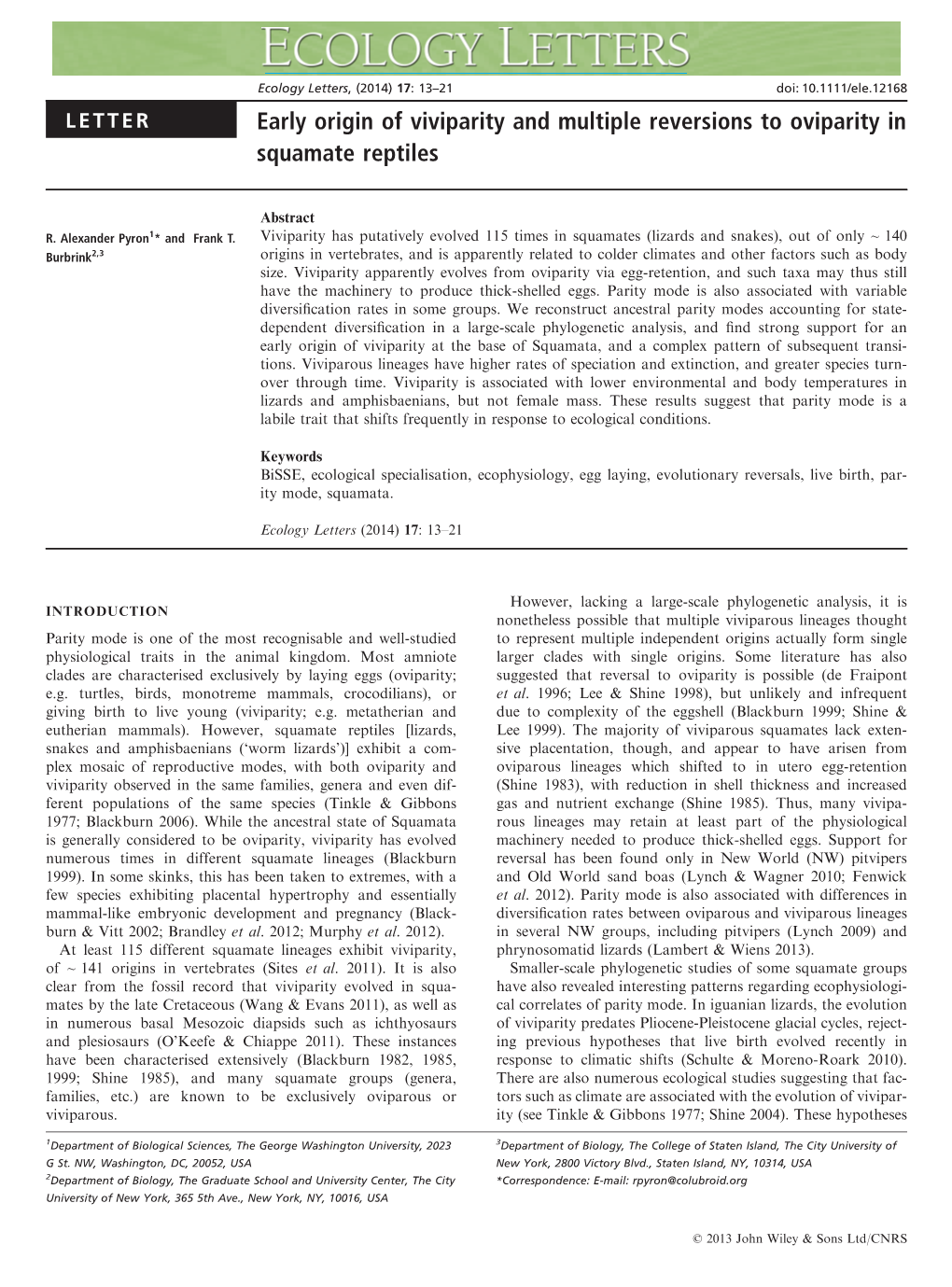 Early Origin of Viviparity and Multiple Reversions to Oviparity in Squamate Reptiles