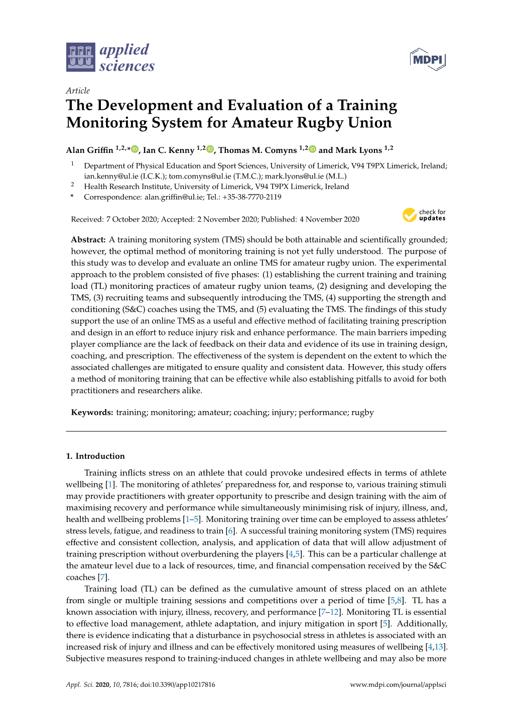 The Development and Evaluation of a Training Monitoring System for Amateur Rugby Union