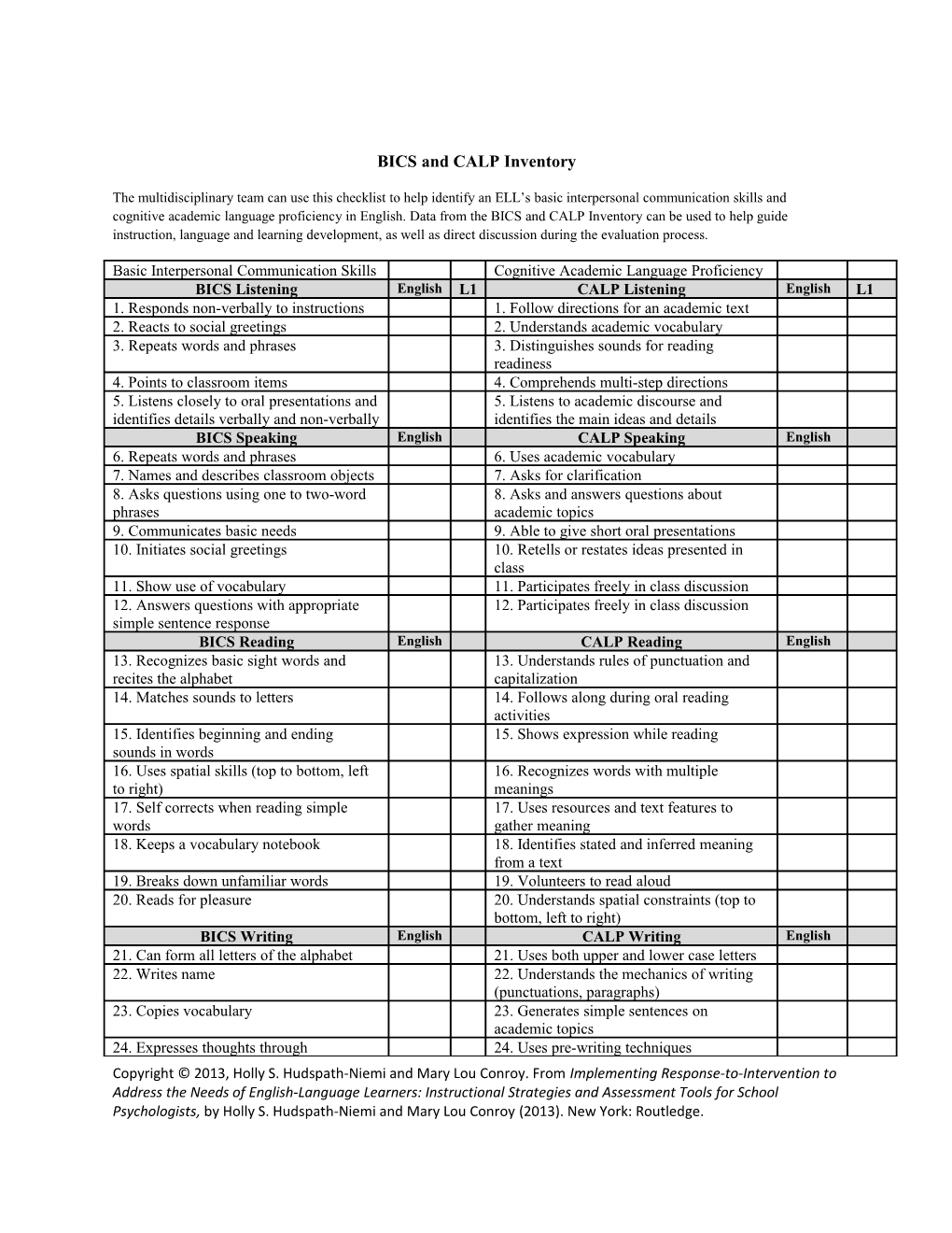 BICS and CALP Inventory