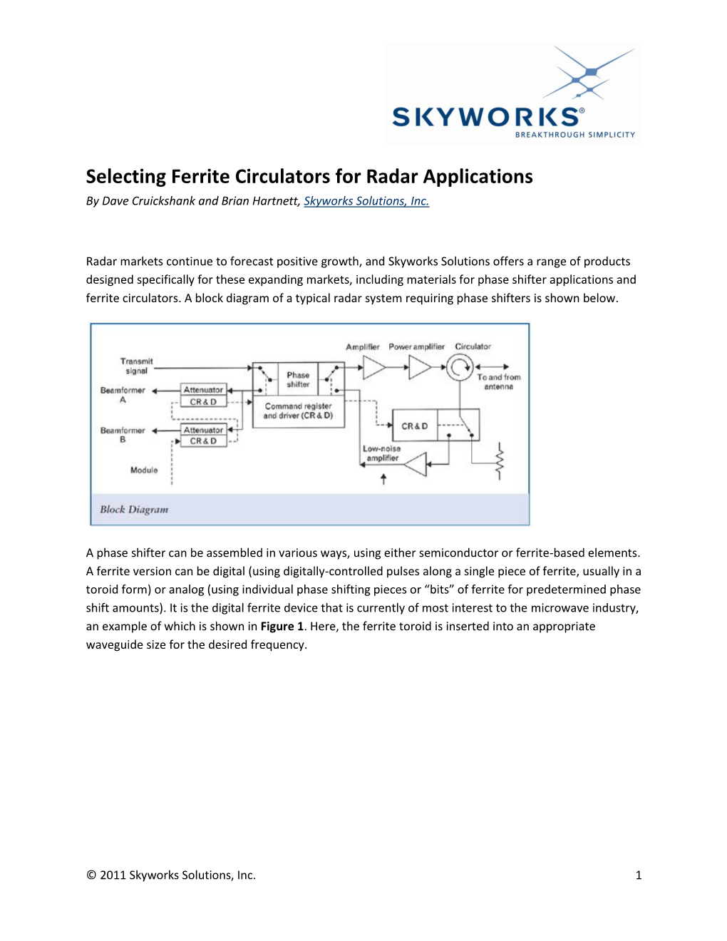 Selecting Ferrite Circulators for Radar Applications by Dave Cruickshank and Brian Hartnett, Skyworks Solutions, Inc