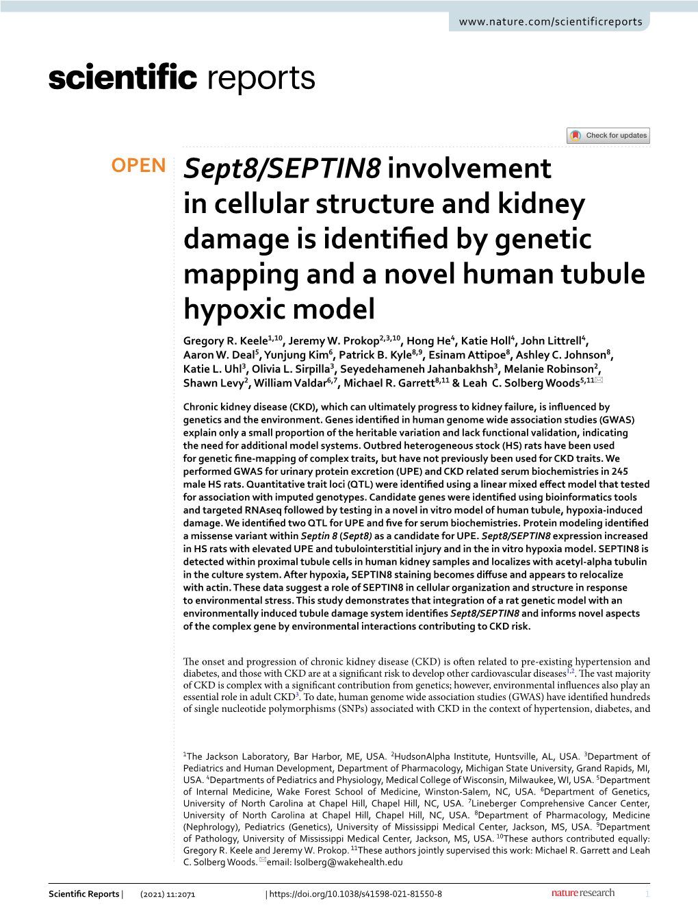 Sept8/SEPTIN8 Involvement in Cellular Structure and Kidney Damage Is Identified by Genetic Mapping and a Novel Human Tubule Hypo