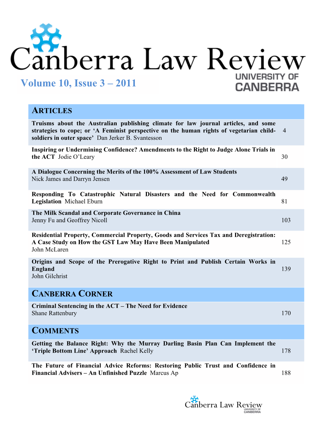 Canberra Law Review Volume 10, Issue 3 Finished