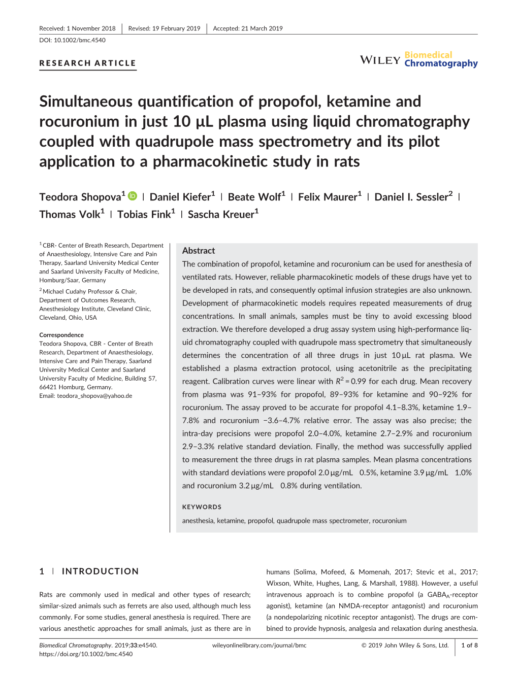 Simultaneous Quantification of Propofol, Ketamine and Rocuronium in Just 10 Μl Plasma Using Liquid Chromatography Coupled With