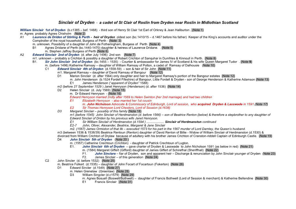 Sinclair of Dryden - a Cadet of St Clair of Roslin from Dryden Near Roslin in Midlothian Scotland