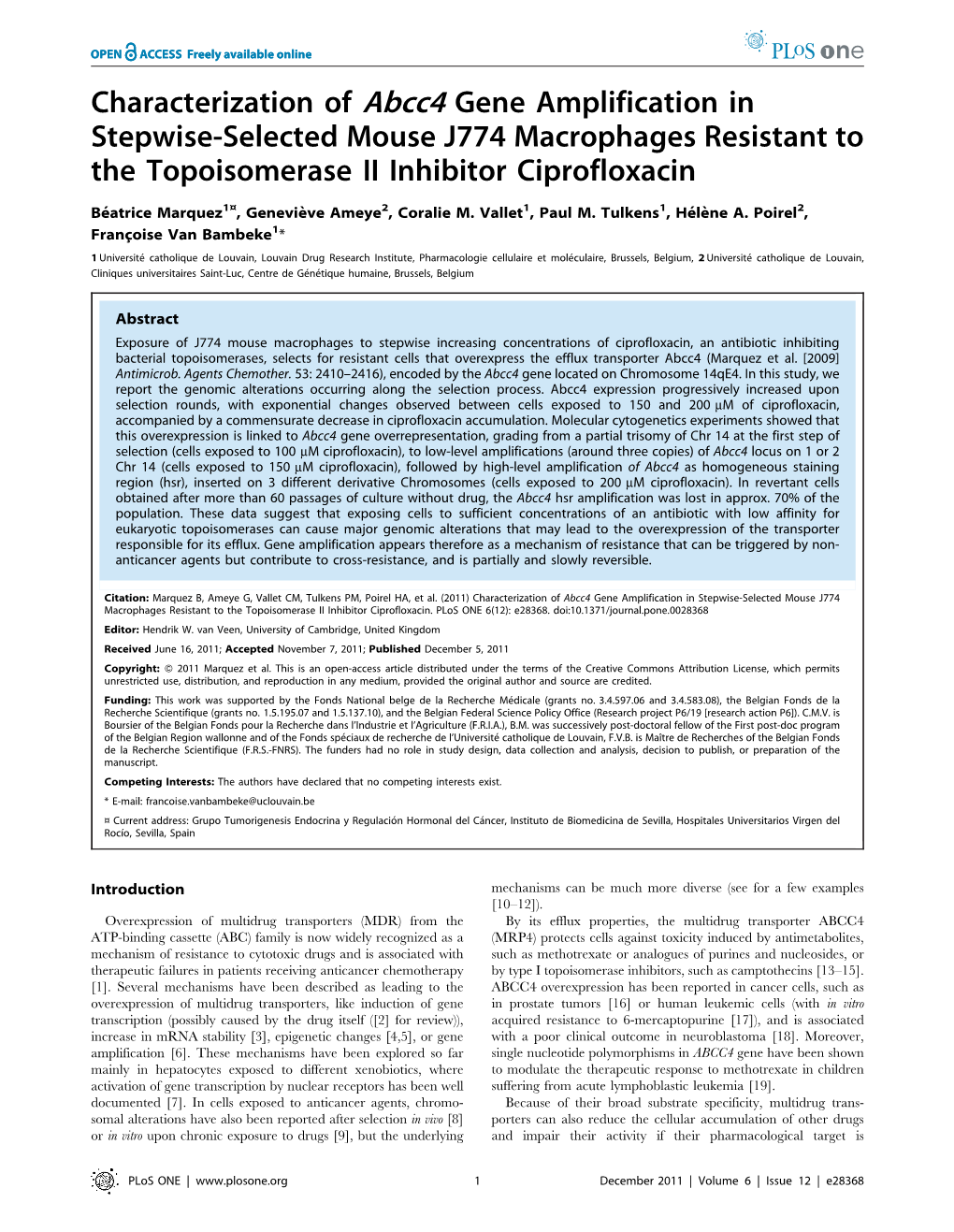 Characterization of Abcc4 Gene Amplification in Stepwise-Selected Mouse J774 Macrophages Resistant to the Topoisomerase II Inhibitor Ciprofloxacin